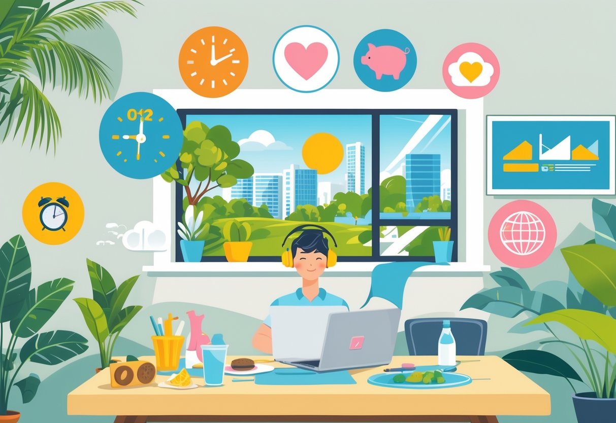 A person working on a laptop in a bright home office surrounded by symbols representing flexible hours, work-life balance, cost savings, global connectivity, family time, wellness, and advanced technology.