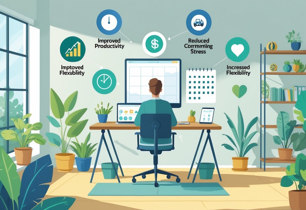 7 Benefits of Working a Remote Work From Home Job in 2025: Key Advantages for Modern Professionals 2 A person working on a laptop in a bright home office with natural light, surrounded by symbols representing benefits of remote work such as productivity, work-life balance, and mental well-being.
