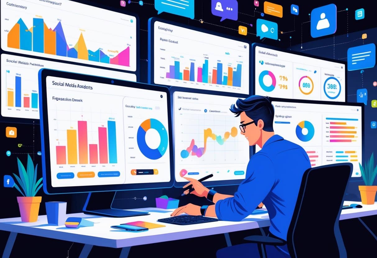 A social media manager analyzing data on multiple computer screens showing social media analytics charts and graphs at a modern workspace.