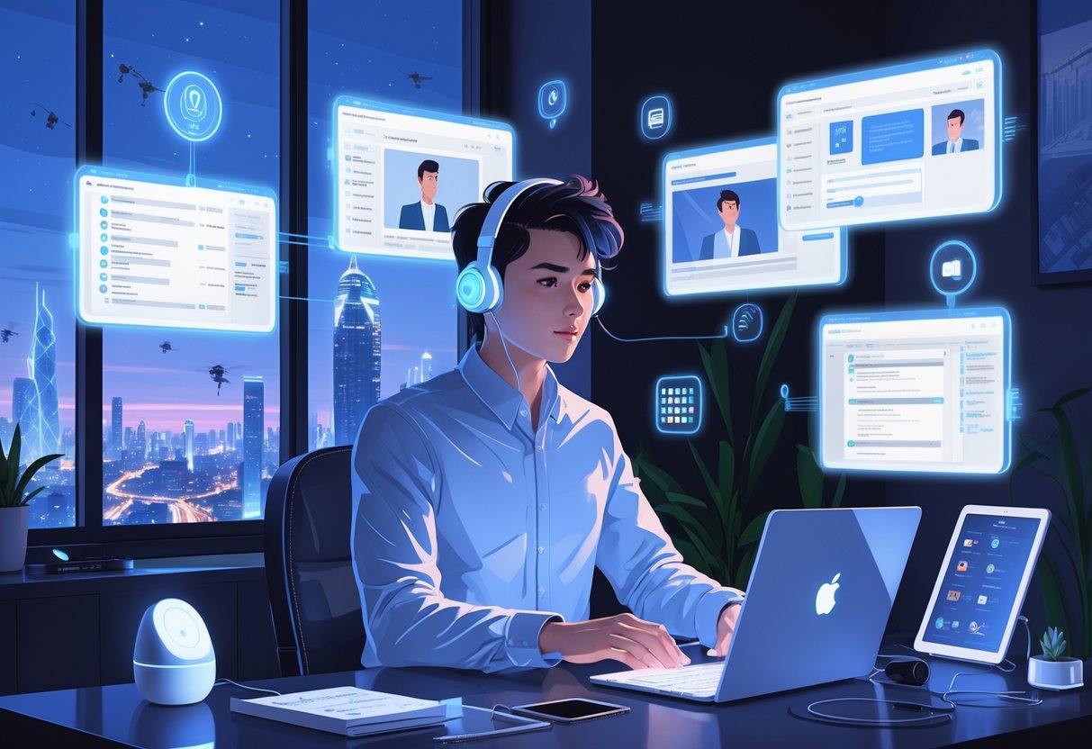 A person working at a modern desk with multiple floating holographic screens, managing several remote jobs at once in a futuristic home office.