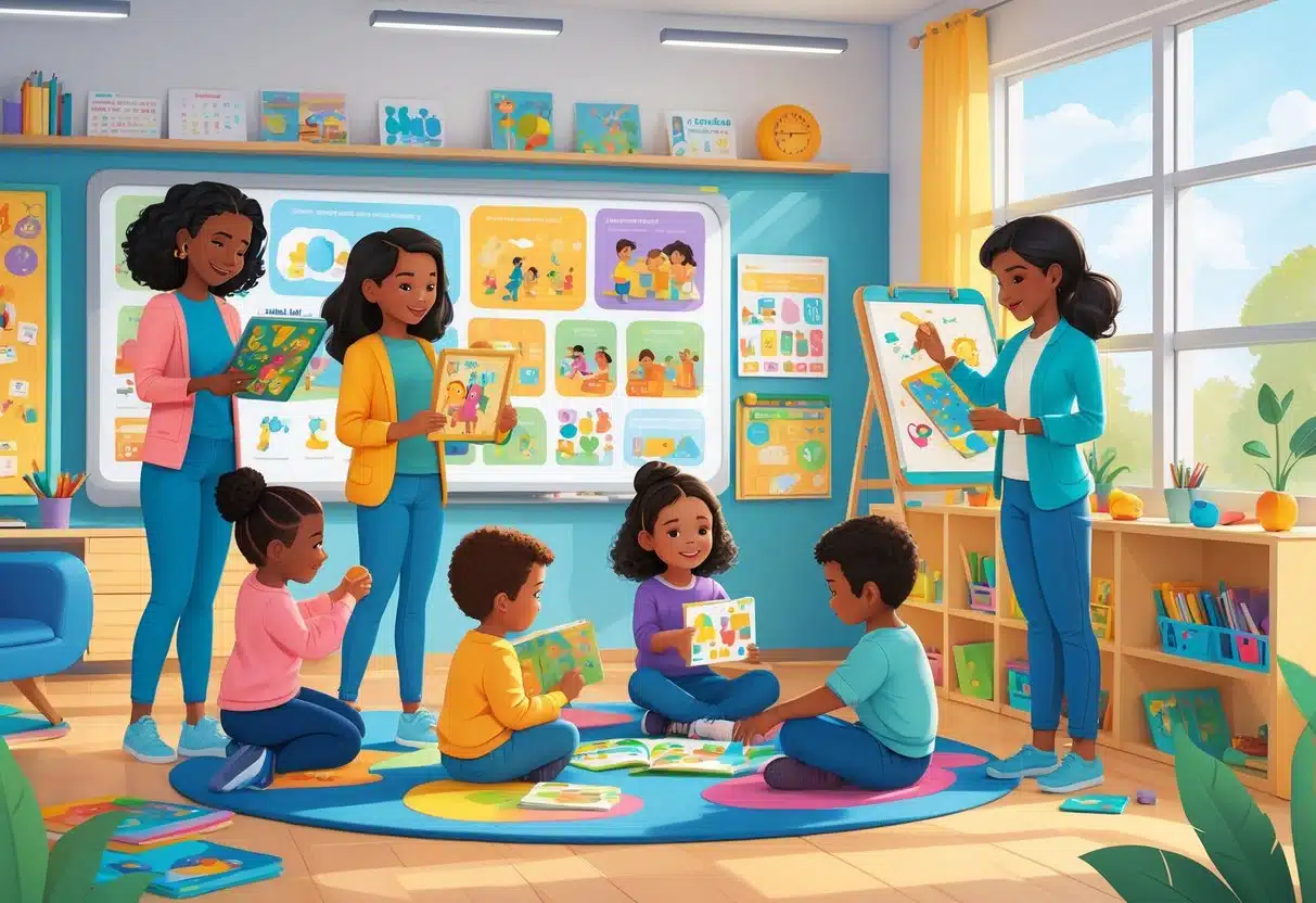 5 Kindergarten Teacher Assistant in 2025- Resume Examples to Boost Your Job Application 1 Five kindergarten teacher assistants helping young children with various learning activities in a bright classroom.