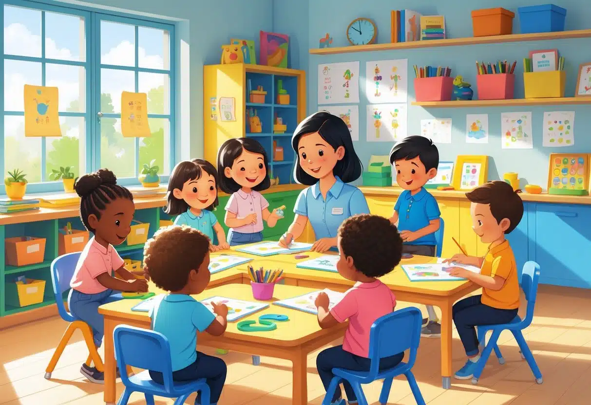 5 Kindergarten Teacher Assistant in 2025- Resume Examples to Boost Your Job Application 2 A teacher assistant supervising five young children engaged in learning activities in a colorful kindergarten classroom.
