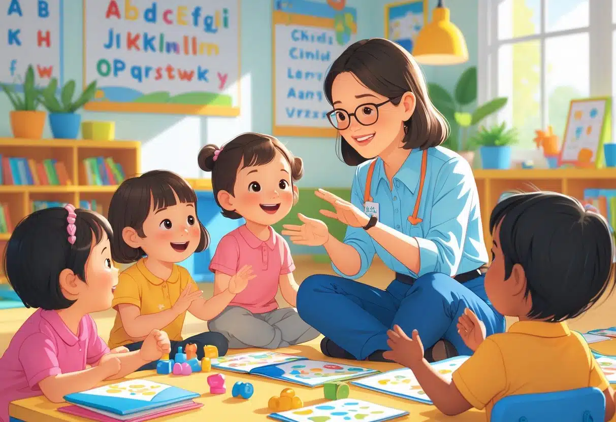 5 Kindergarten Teacher Assistant in 2025- Resume Examples to Boost Your Job Application 3 A kindergarten teacher assistant warmly interacting with a small group of young children in a colorful classroom.