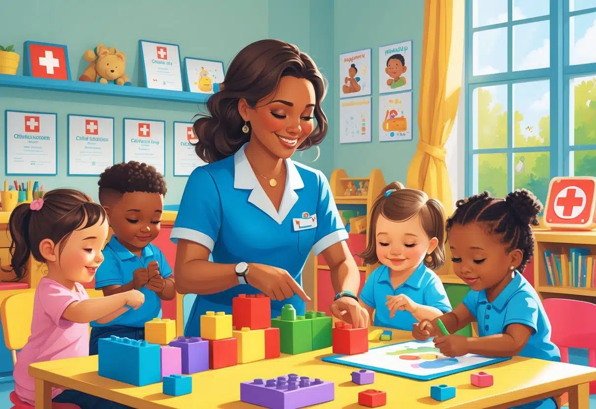 5 Kindergarten Teacher Assistant in 2025- Resume Examples to Boost Your Job Application 4 A Kindergarten Teacher Assistant interacting with young children in a colorful classroom with certificates and a first aid kit visible in the background.