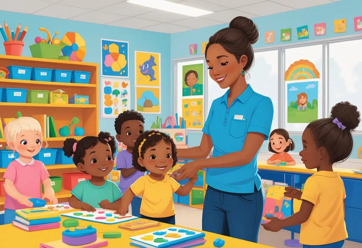 5 Kindergarten Teacher Assistant in 2025- Resume Examples to Boost Your Job Application 5 A Kindergarten Teacher Assistant helping young children with activities in a bright classroom filled with educational materials.