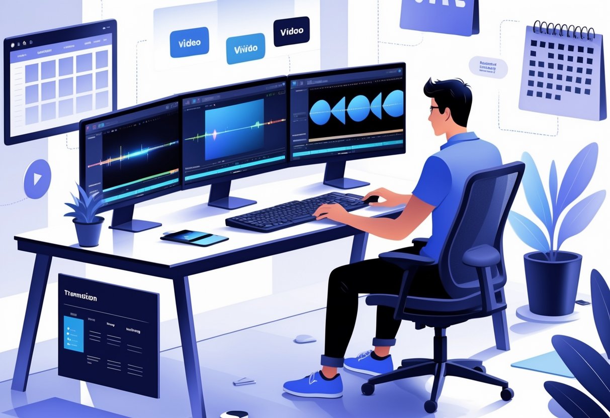 15 Video Editor Resume Examples & Guide for 2025: Templates, Skills, and Tips for Success 1 A person working at a desk with dual monitors showing video editing software, surrounded by creative tools and a calendar.