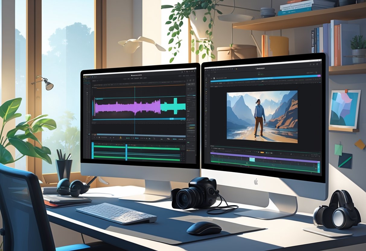 15 Video Editor Resume Examples & Guide for 2025: Templates, Skills, and Tips for Success 2 A modern workspace with dual monitors showing video editing software, a video camera, headphones, and creative tools on a desk.