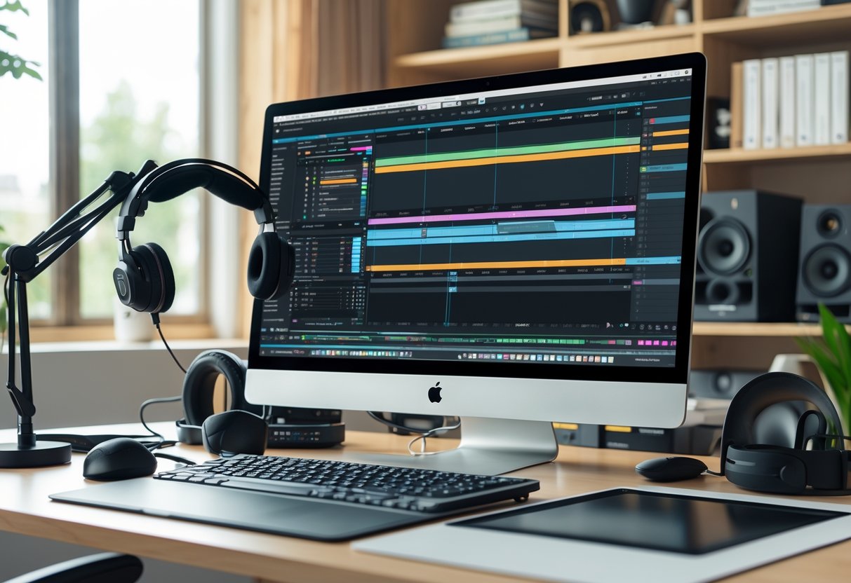 A video editor's workspace with a computer showing a video editing timeline and various professional editing tools around it.