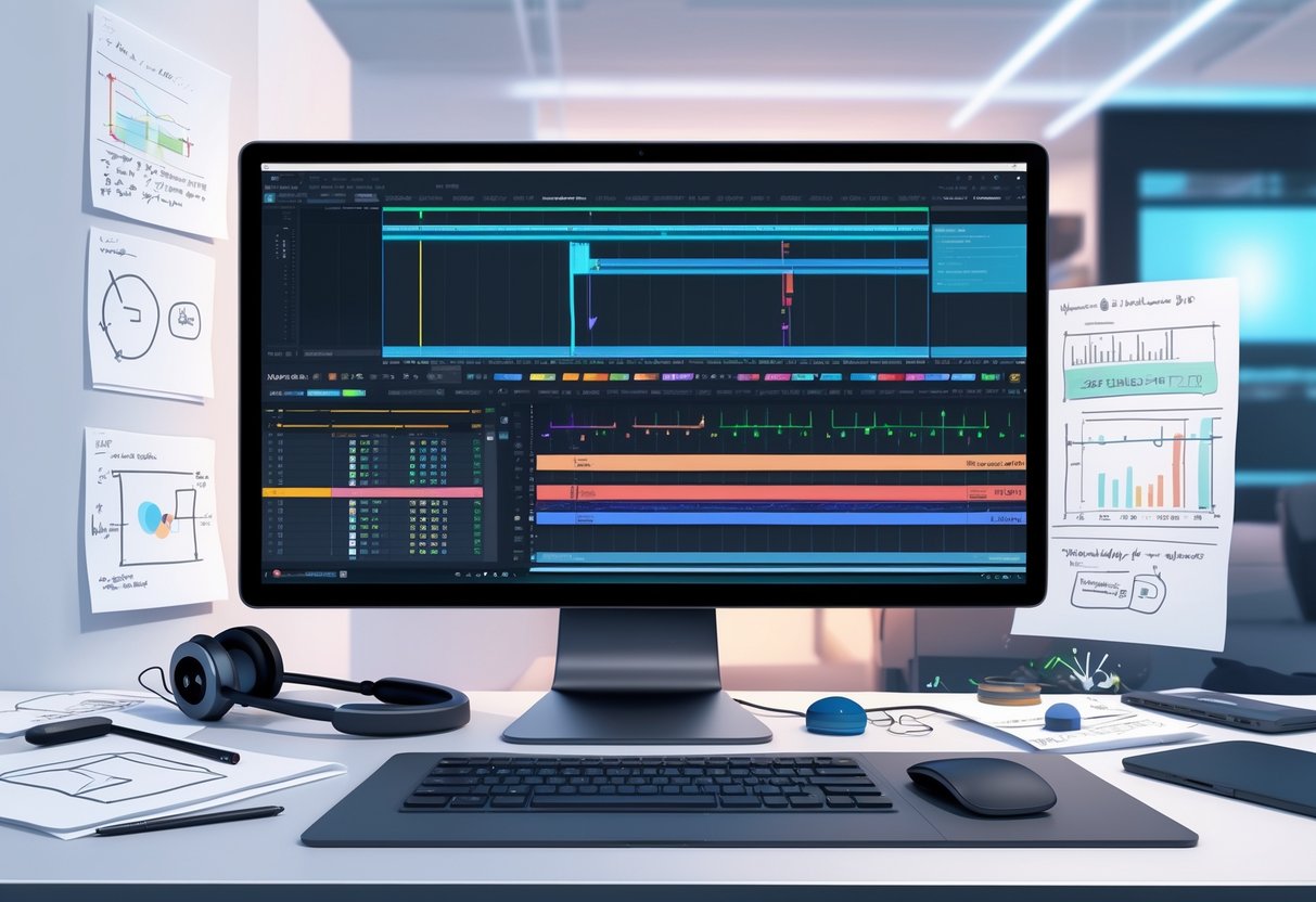 A modern workspace with a computer showing a complex video editing timeline and color grading panels, surrounded by creative tools in a clean office setting.