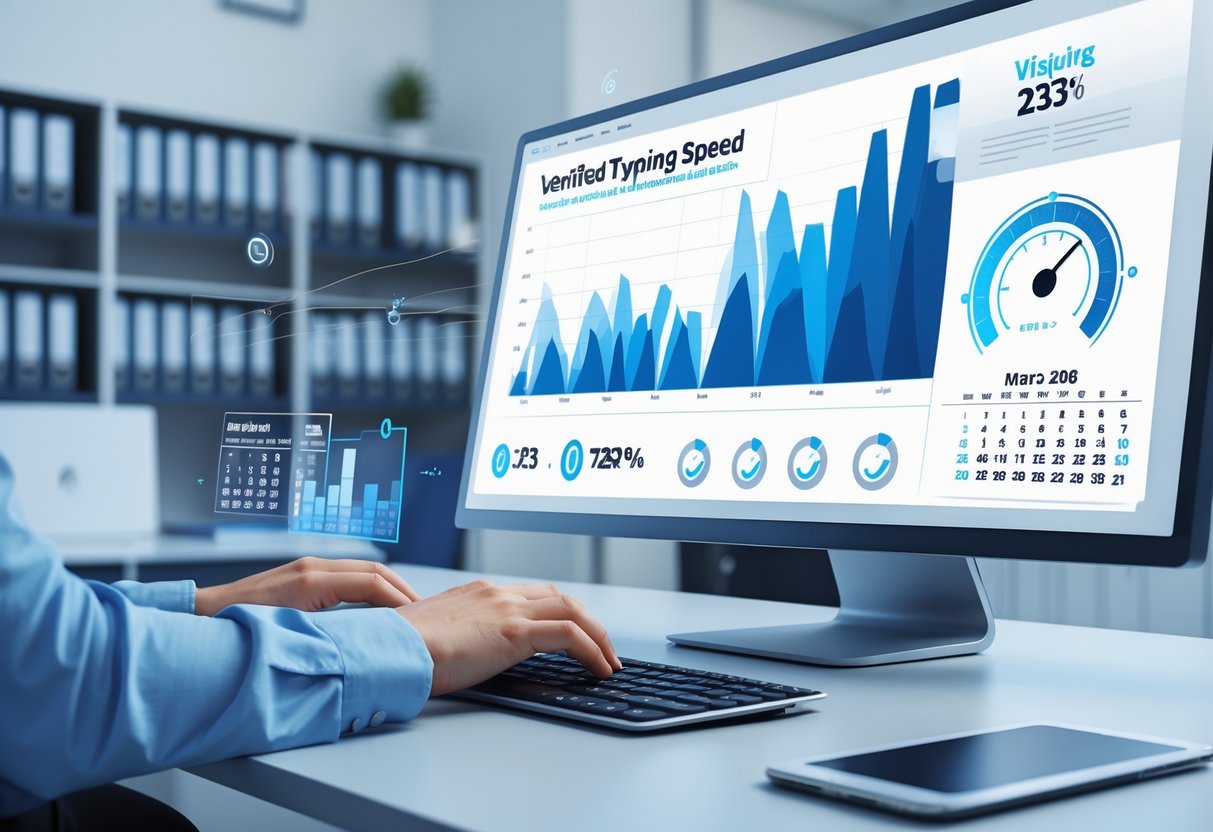 11 Data Entry Clerk Resume Examples - March 2025: Top Samples and Writing Tips 2 A person typing quickly on a keyboard at a desk with charts and speedometer graphics showing high typing speed in an office setting.