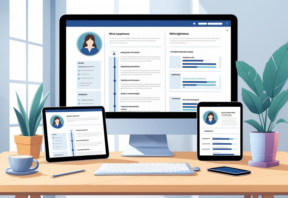10 Chronological Resume Templates for 2025 | PDF & TXT for Modern Job Seekers 1 A modern workspace with a laptop, tablet, and smartphone displaying different resume layouts on their screens, surrounded by office accessories on a wooden desk.