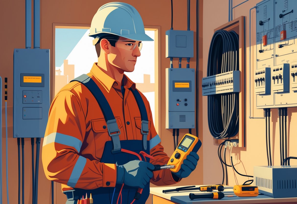 10 Journeyman Electrician Resume Examples & Guide for 2025: Templates, Skills, and Tips for Success 1 An electrician wearing safety gear working with electrical panels and tools in a clean, organized workspace.