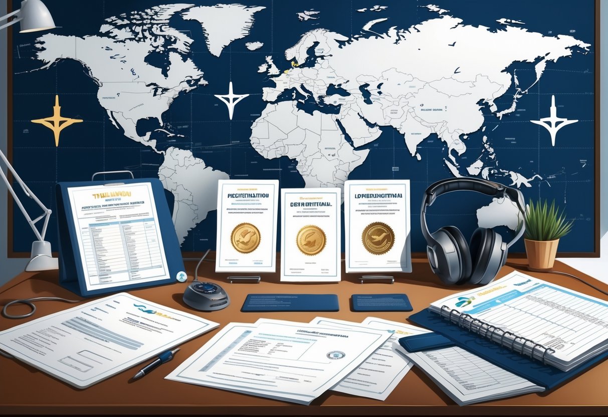 A pilot's desk with aviation certificates, a flight logbook, headset, and a world map with flight routes.