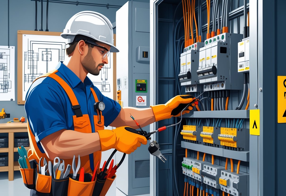 An electrician wearing safety gear working on wiring inside an electrical panel in a well-equipped workshop.