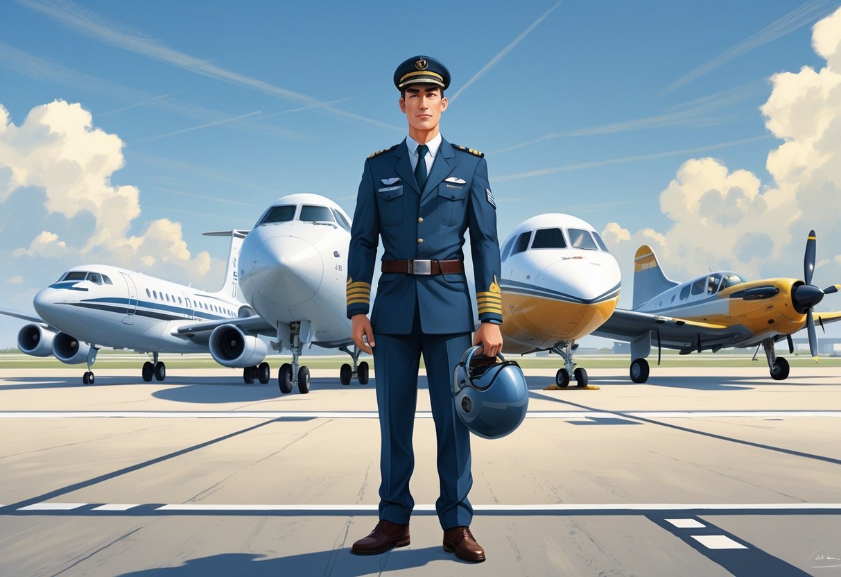 A pilot standing confidently in front of several different aircraft models at an airfield with a control tower in the background.