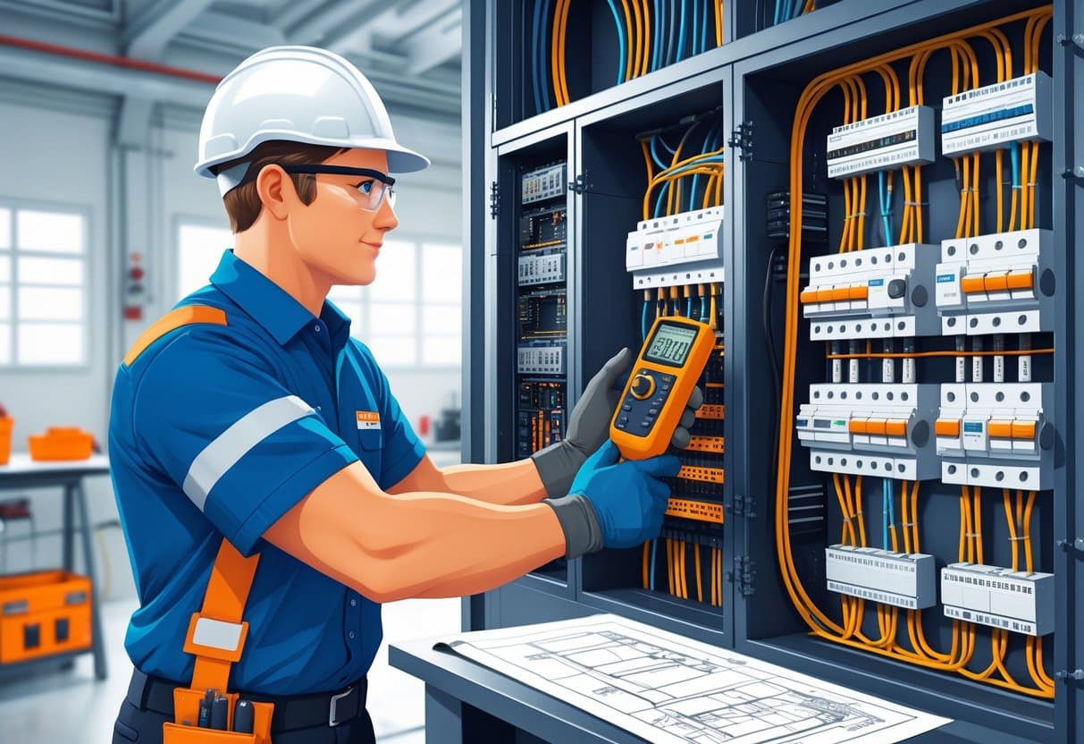 An electrician wearing safety gear inspects electrical wiring inside a control panel in a well-equipped workshop.