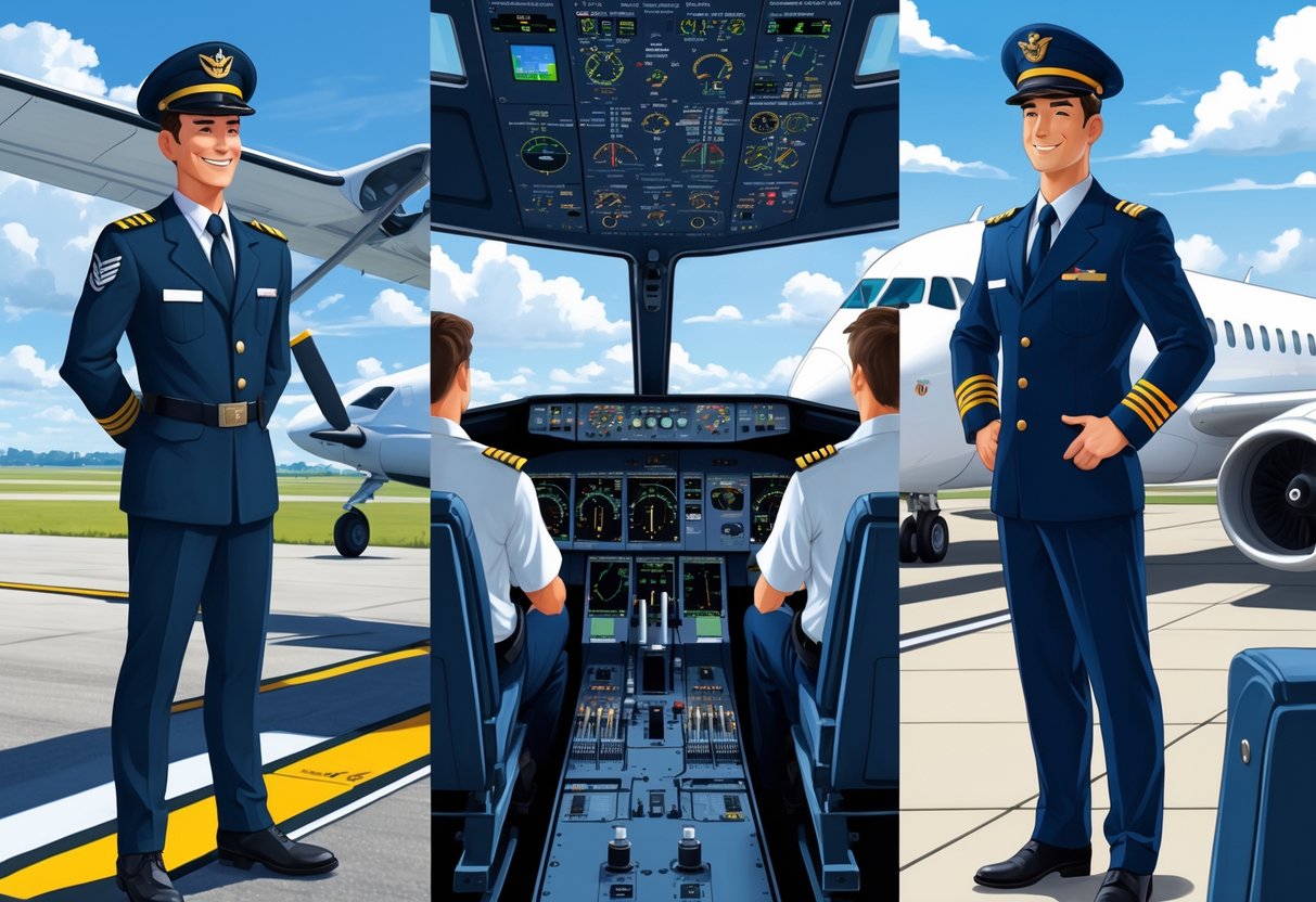 A flight instructor beside a small plane, a pilot training in a flight simulator, and an airline captain standing in front of a commercial jet, showing career progression.