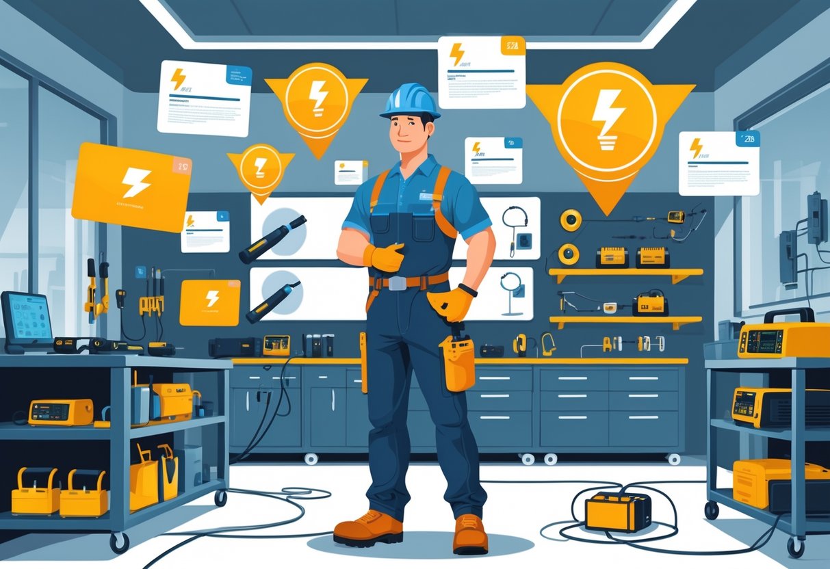 An electrician in safety gear stands in a modern workshop surrounded by certificates and electrical tools, symbolizing education and professional achievement.