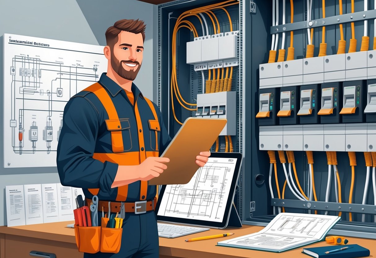An electrician working with an electrical panel, holding a tablet, surrounded by tools and manuals.