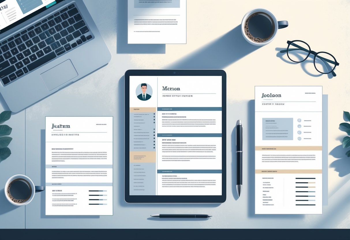 Printable Resume Templates | Print-Friendly for 2025: Professional Designs for Modern Job Seekers 1 A workspace with printed resume templates, a laptop, a cup of coffee, a pen, and glasses on a desk.