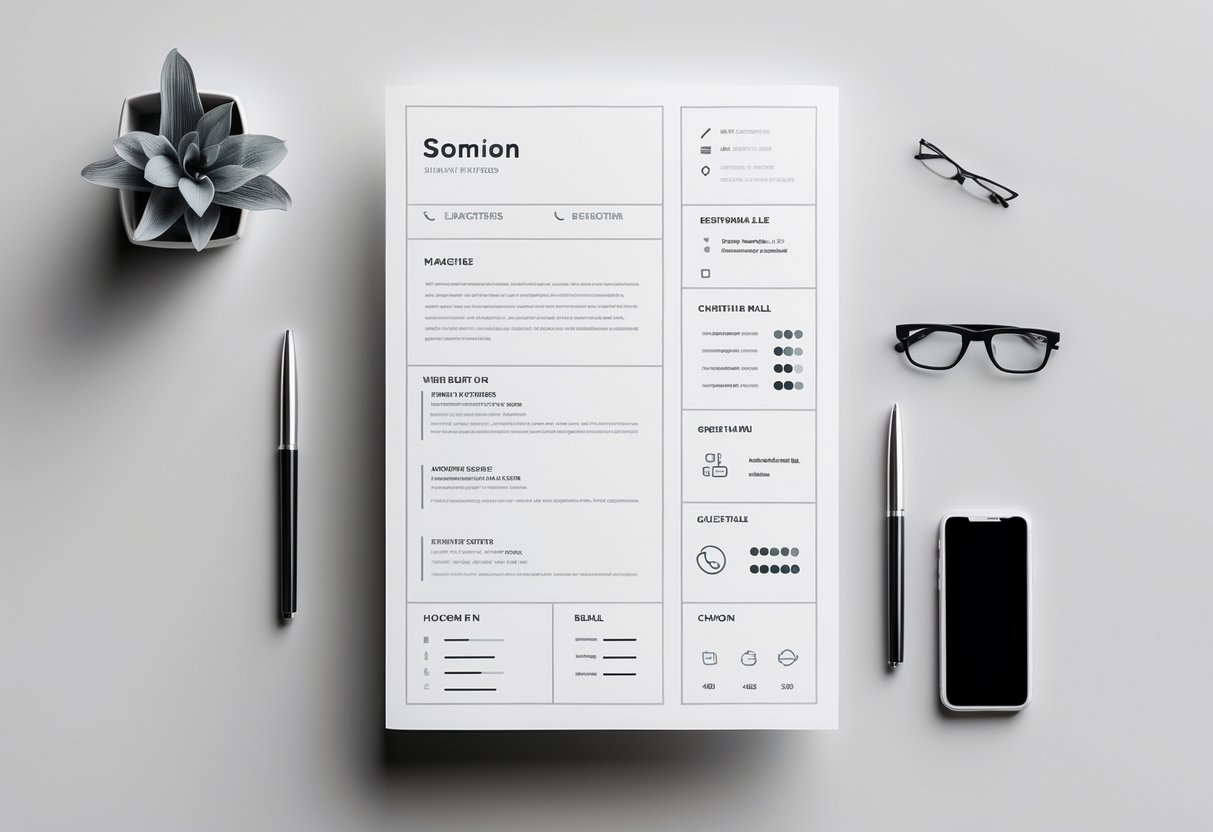 A neatly arranged modern resume layout on a desk with a pen, glasses, and smartphone nearby.