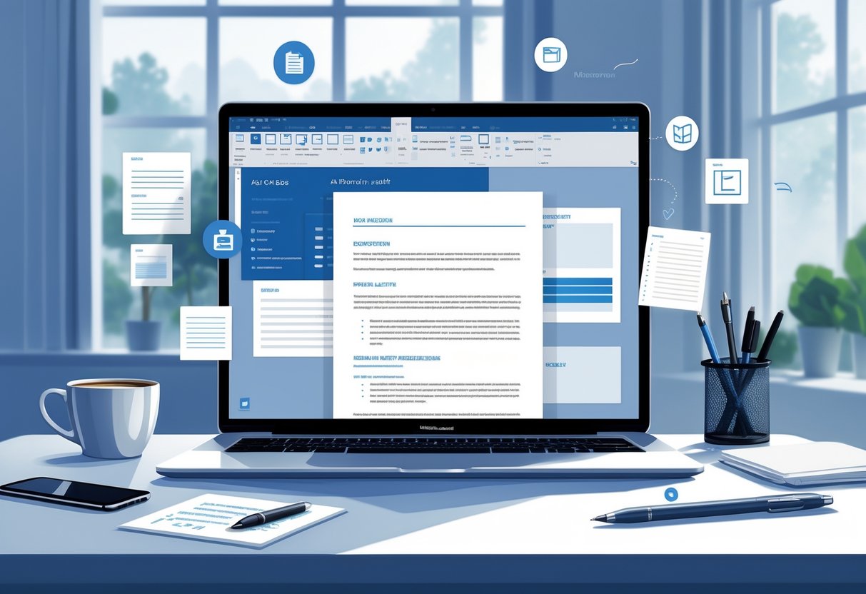 A workspace with a laptop showing a resume document, surrounded by office supplies on a desk near a window.