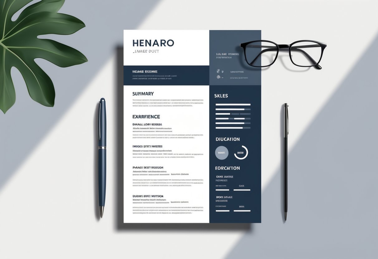 A neatly arranged professional resume template on a desk with a pen and glasses nearby.