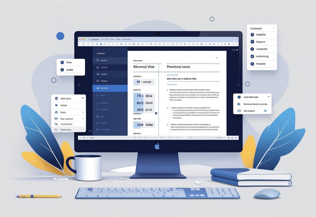 A workspace with a computer showing a resume template and font customization tools on the screen, with office supplies around it.