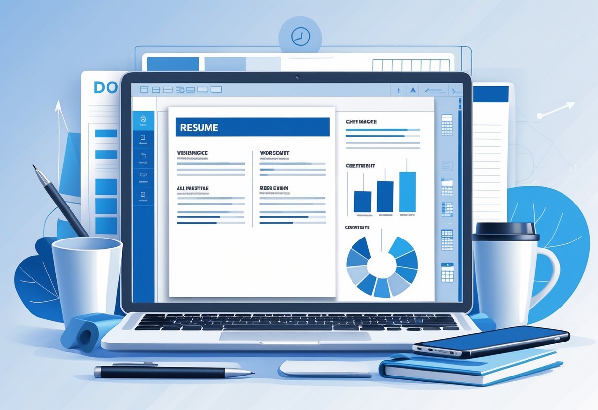 A workspace with a laptop showing a resume template, surrounded by office supplies and a background chart representing skill development.