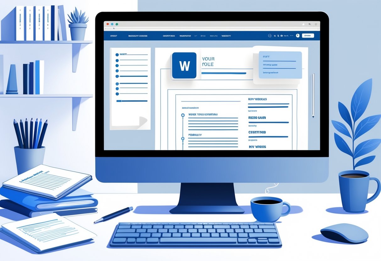 A workspace with a computer displaying a resume template featuring bullet points, surrounded by office supplies and a plant.