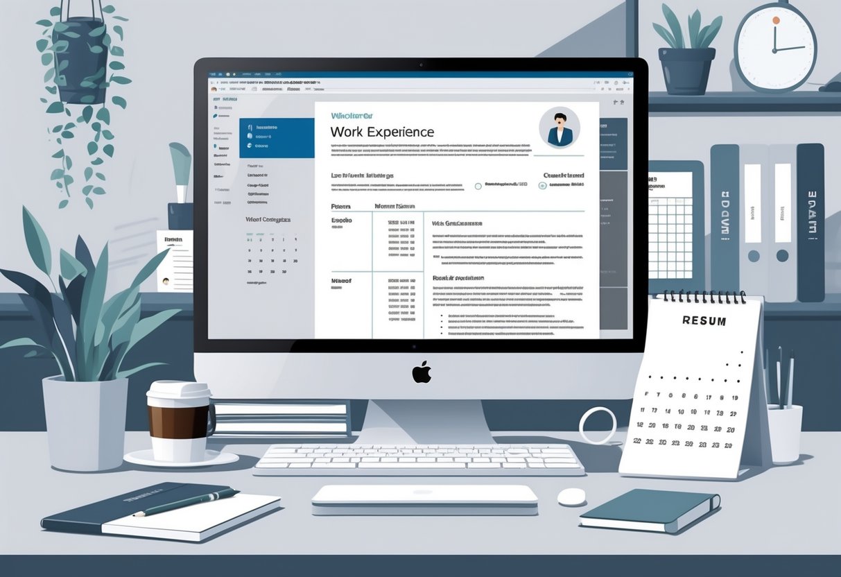 A workspace with a computer showing a resume layout, surrounded by office supplies and a calendar.
