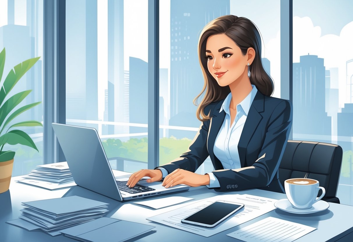 A young woman sitting at a desk typing on a laptop with office supplies around her and a city view through the window.