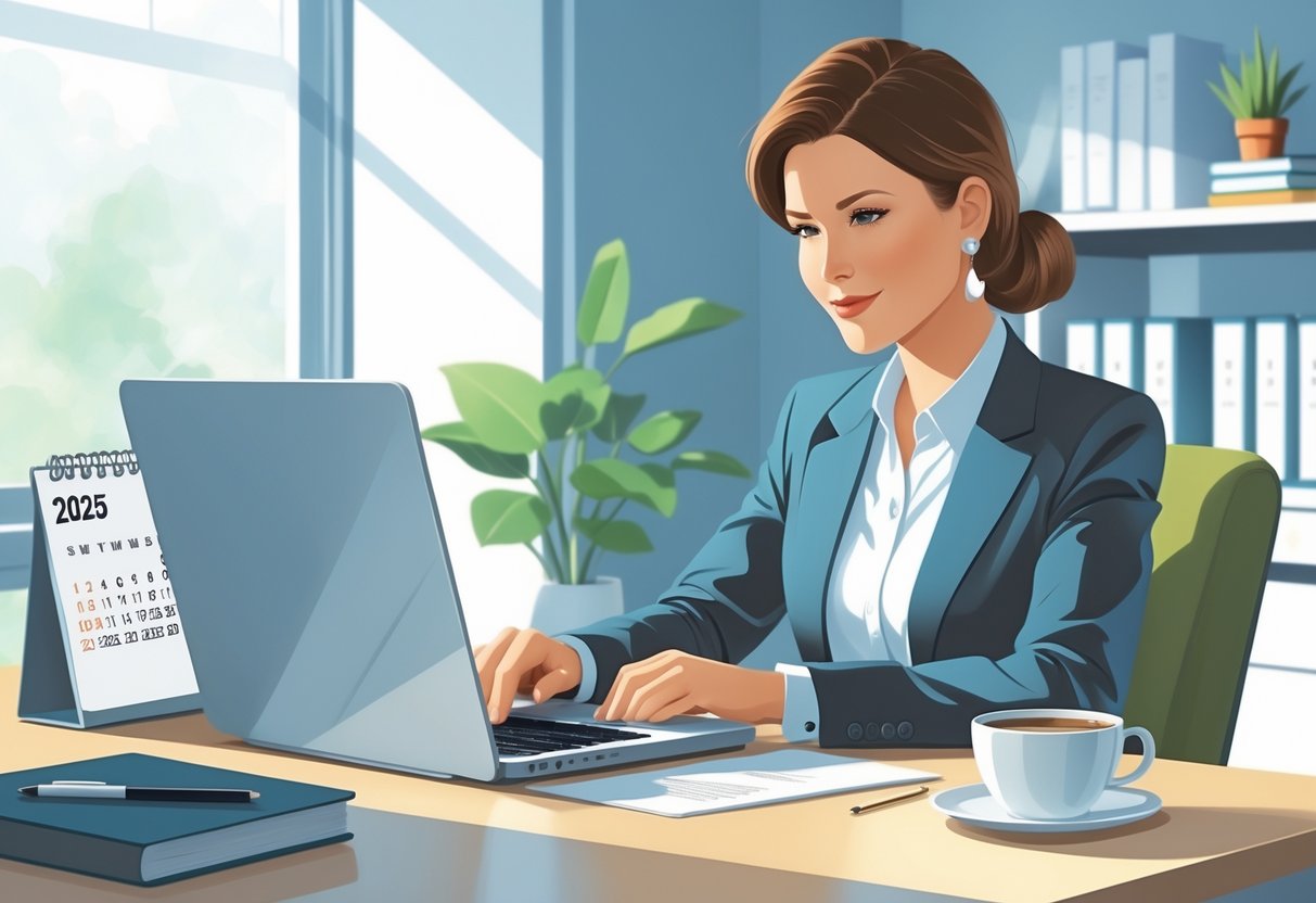 A person sitting at a desk in an office, thoughtfully writing on a laptop with a calendar showing 2025 in the background.