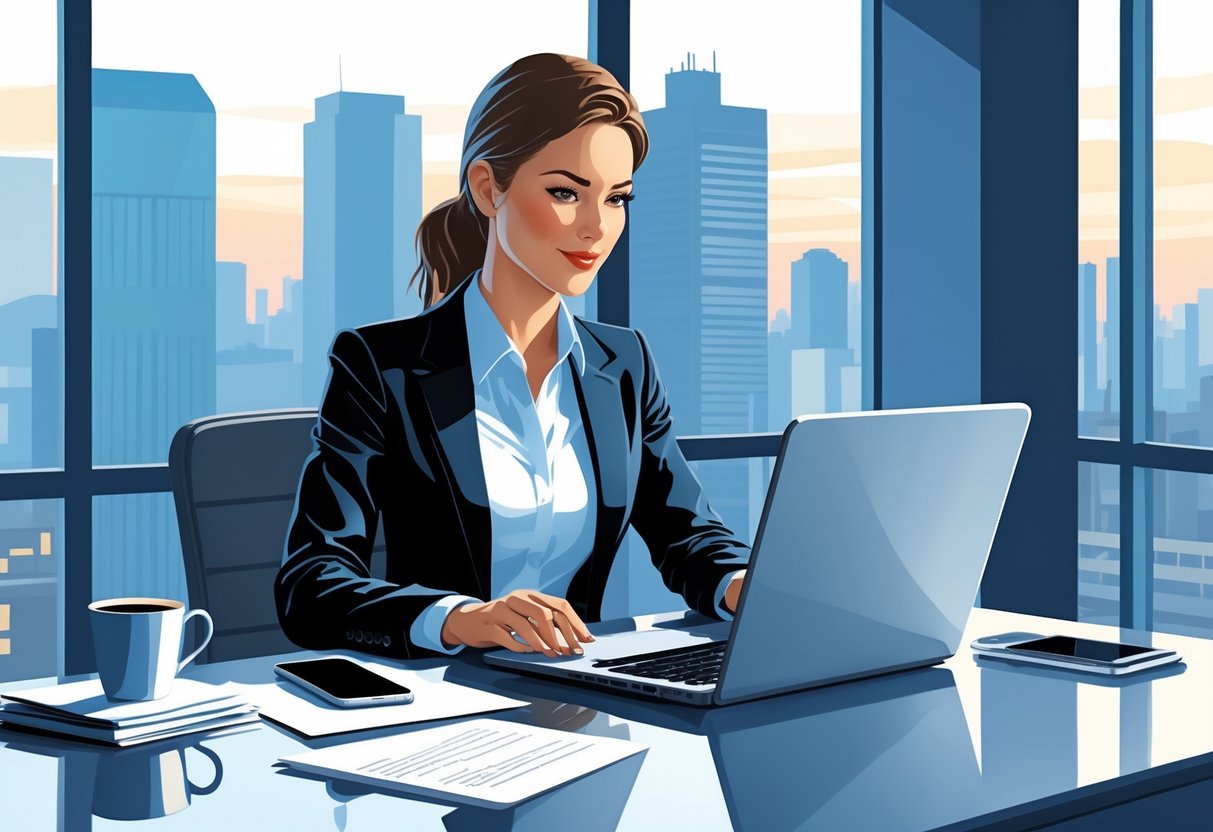 A businesswoman sitting at a desk typing on a laptop in a bright office with a city view, appearing focused and professional.