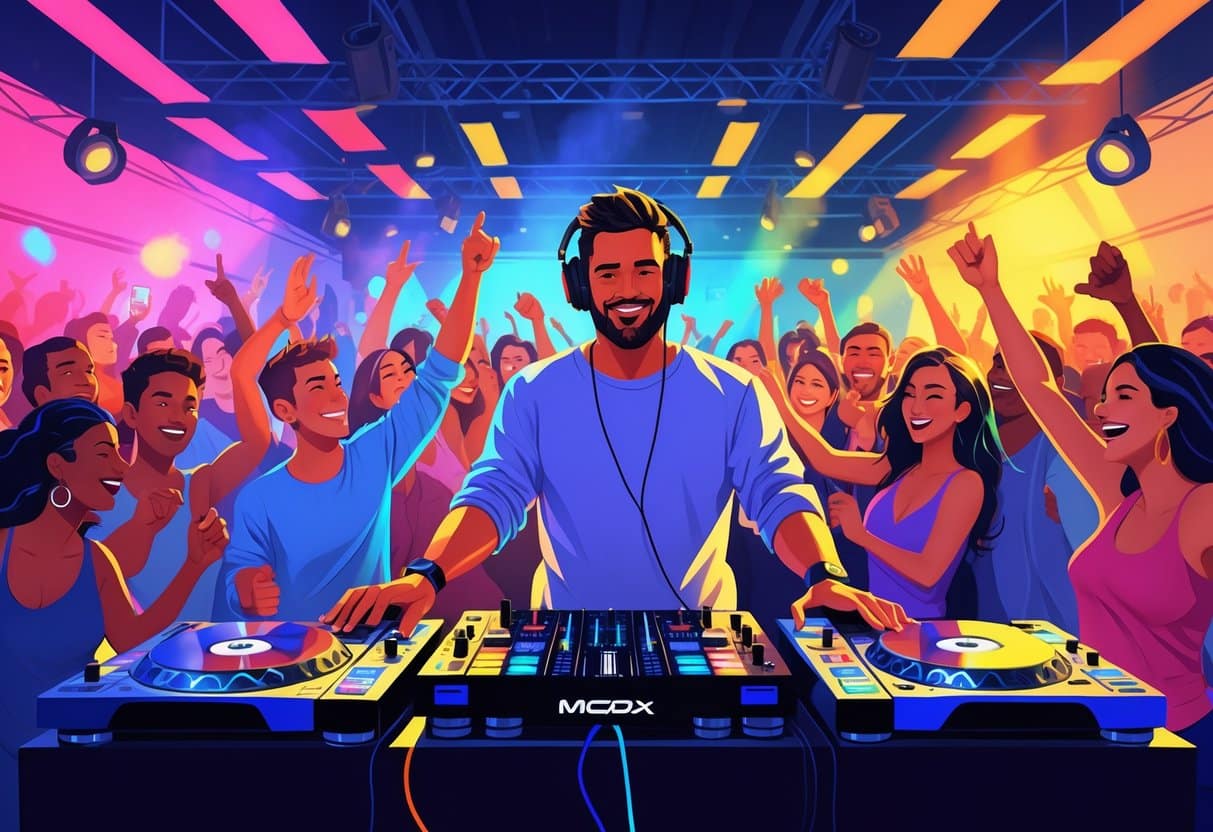 A DJ performing at a lively event with a crowd dancing and enjoying the music.