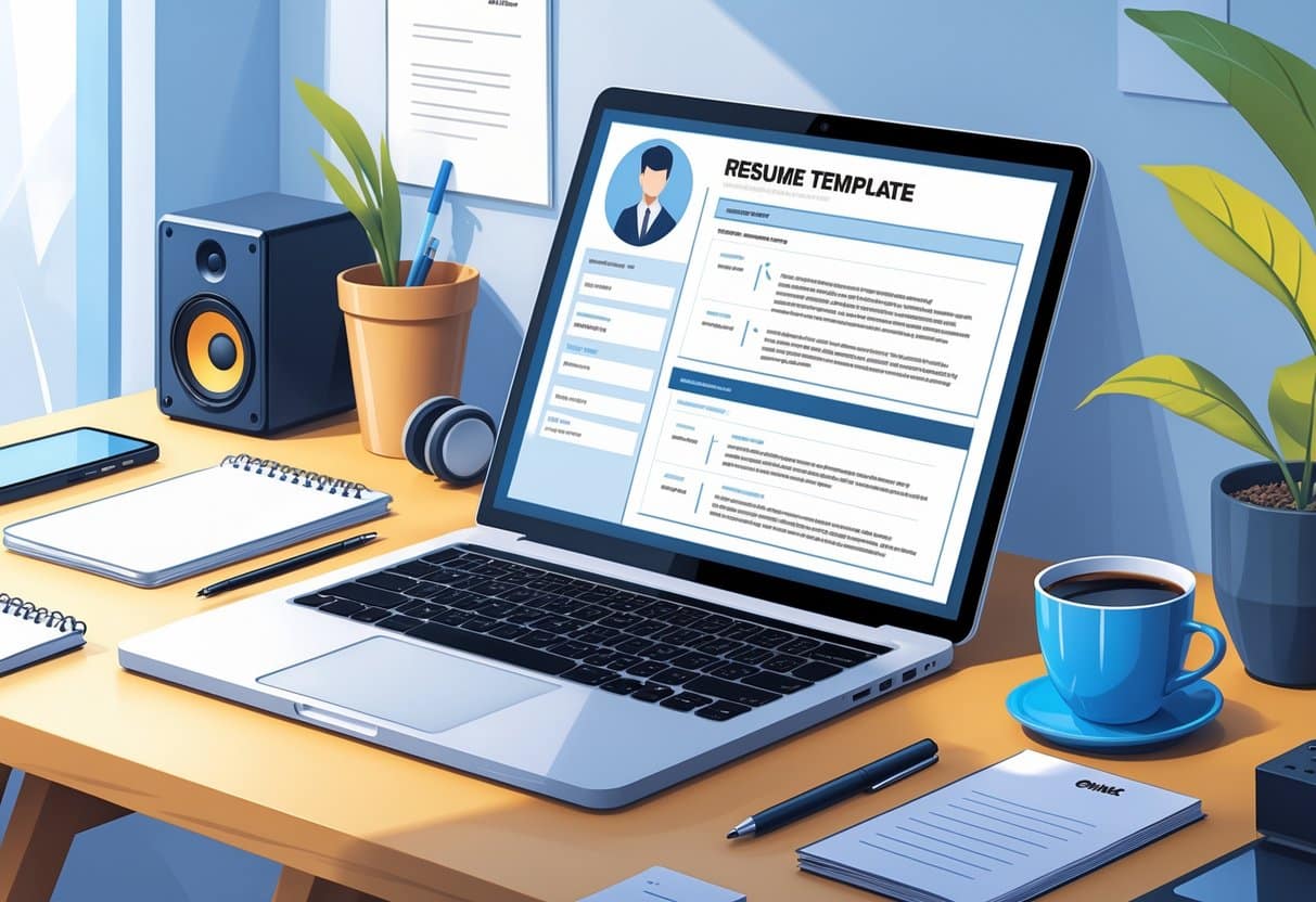 A clean workspace with a laptop showing a resume template, surrounded by a notepad, pen, coffee cup, and headphones, suggesting career preparation for a DJ.