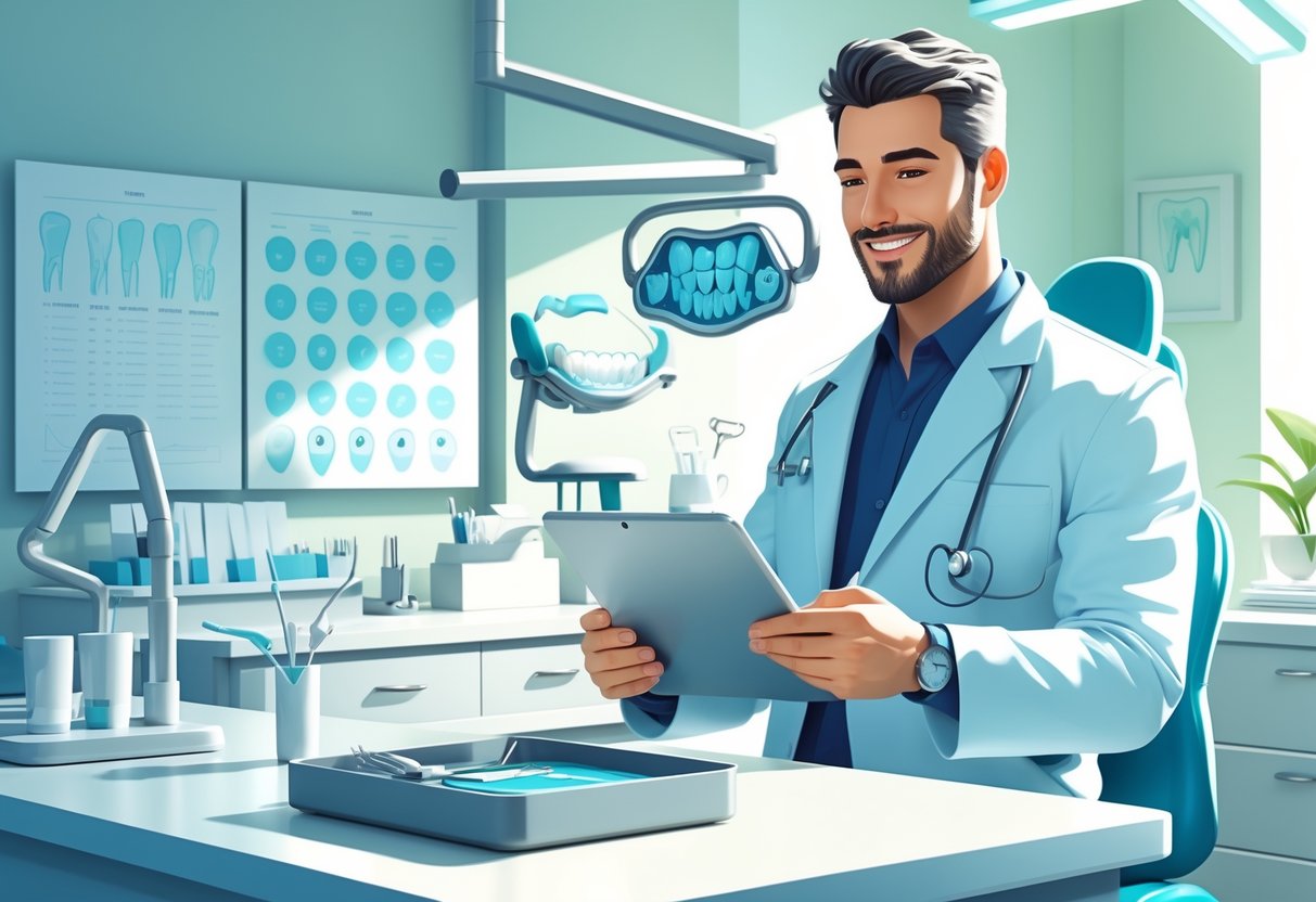 7 Dentist Resume Examples & Guide for 2025: Expert Tips to Impress Employers 1 A dentist in a white coat reviewing documents in a dental office with dental equipment and models in the background.
