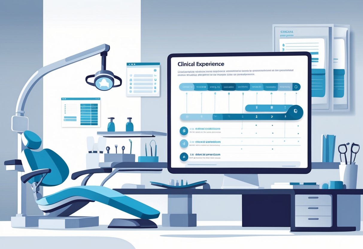 A modern dental office with a dental chair, instruments, and a computer screen showing a visual timeline of clinical experience arranged from recent to earlier dates.