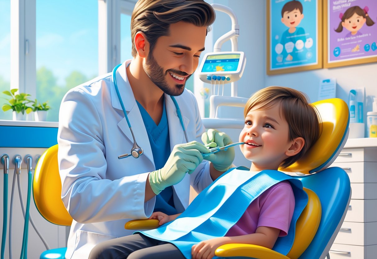 A dentist examining a young child's teeth in a bright dental clinic, with dental equipment and educational posters in the background.