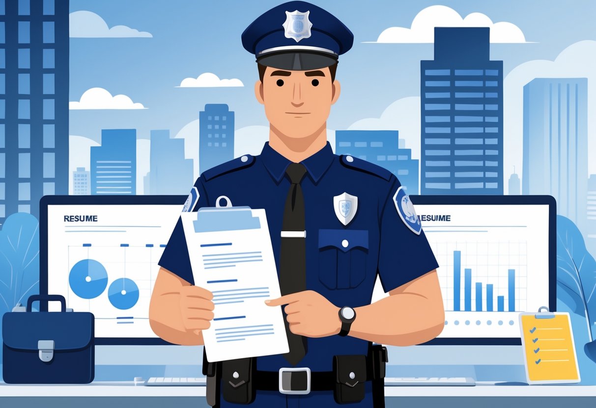 10 Police Officer Resume Examples & Guide for 2025: Proven Templates and Expert Tips 1 A police officer in uniform stands confidently in front of a cityscape, holding a clipboard with papers, surrounded by icons representing career growth and professionalism.
