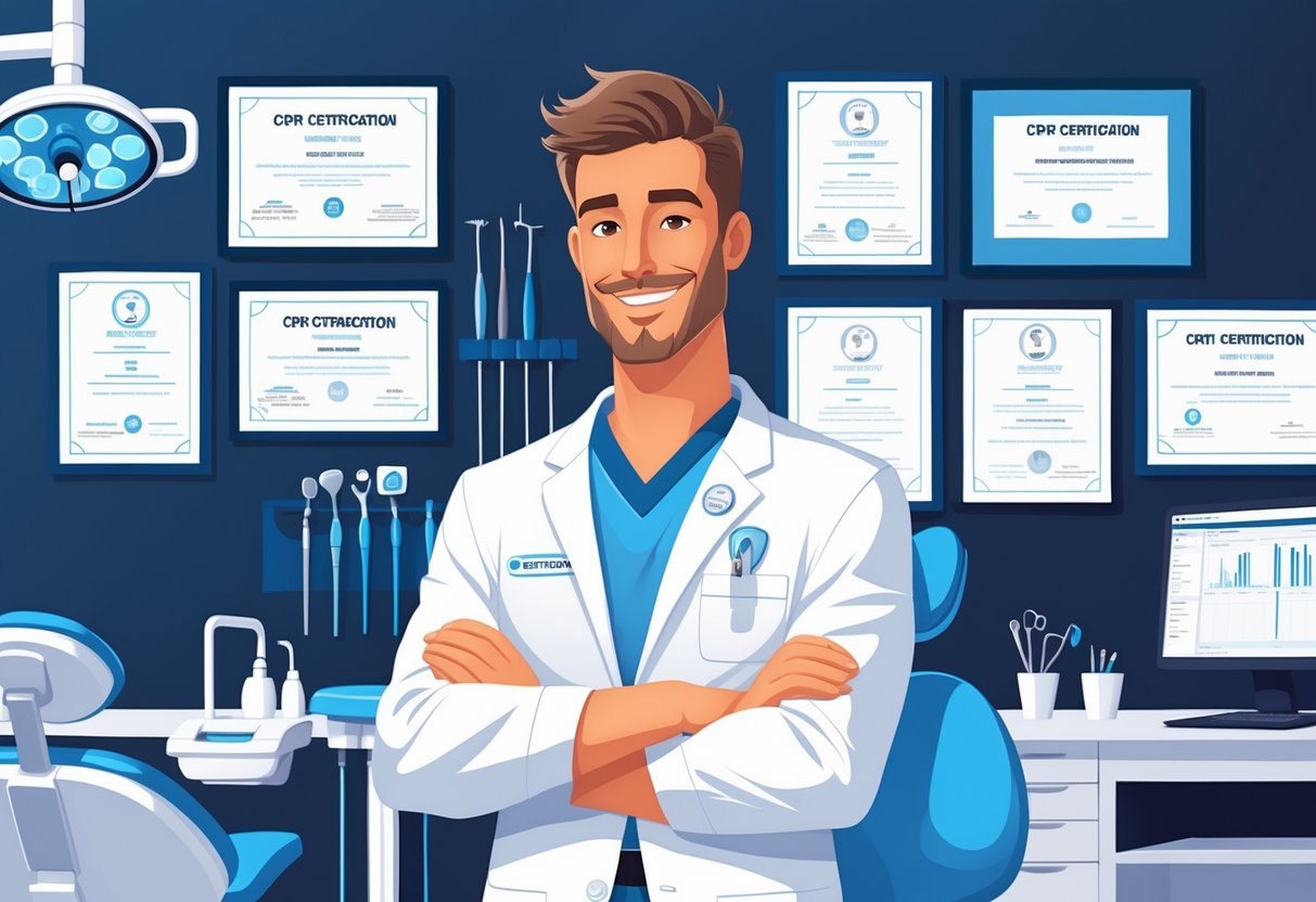 A dentist standing in a dental office with framed certificates and dental equipment in the background.