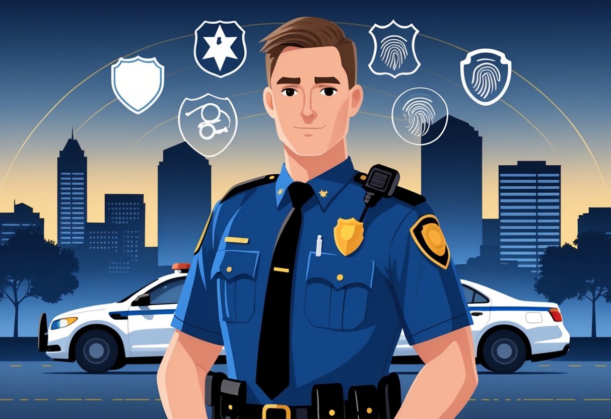A police officer in uniform standing confidently in front of a cityscape with law enforcement symbols like a shield, handcuffs, and a badge surrounding them.