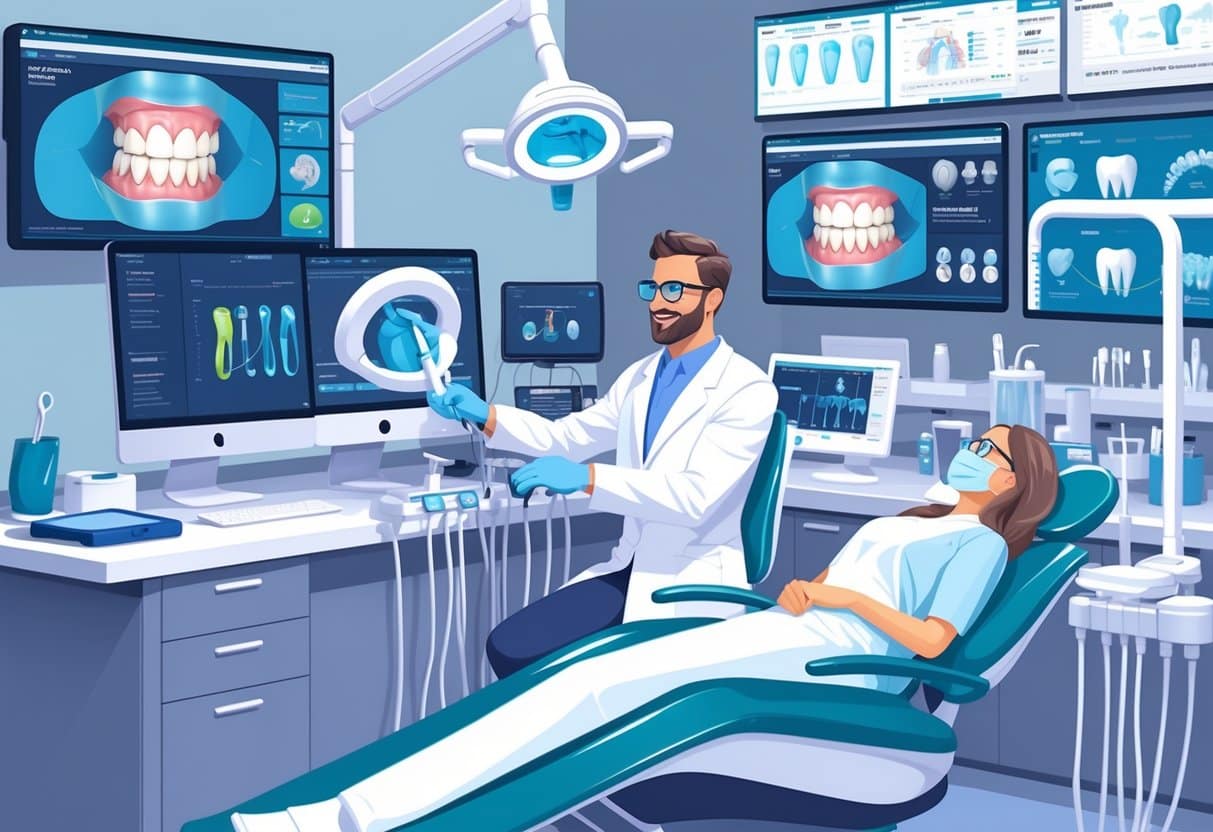 A dentist using advanced dental technology and software in a modern dental office with digital displays and dental instruments.
