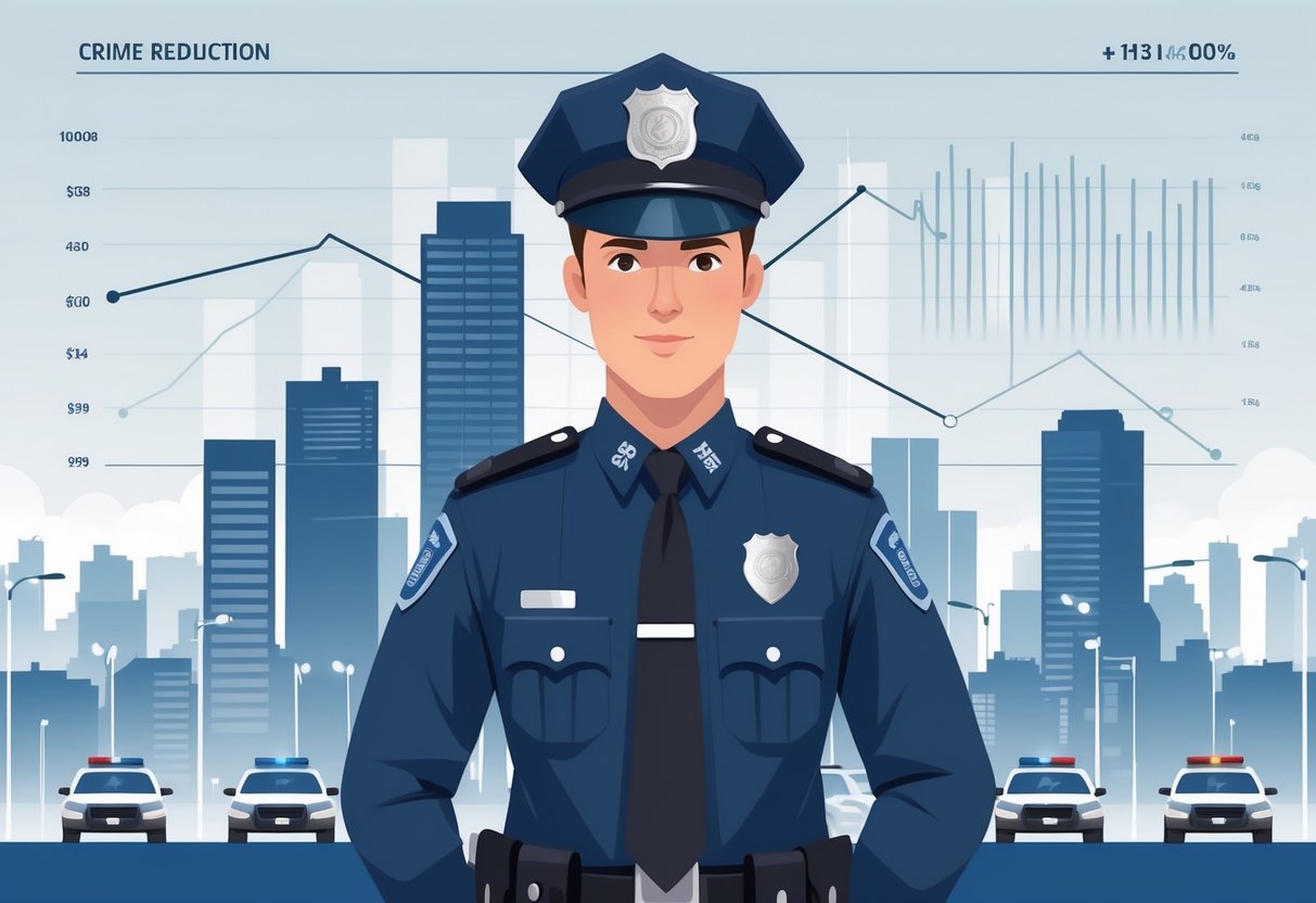 A police officer standing confidently in front of a city skyline with abstract charts and graphs in the background representing crime reduction.