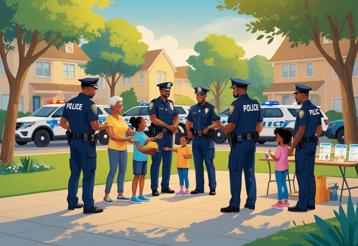 Police officers engaging positively with community members in a neighborhood park, promoting safety and outreach.