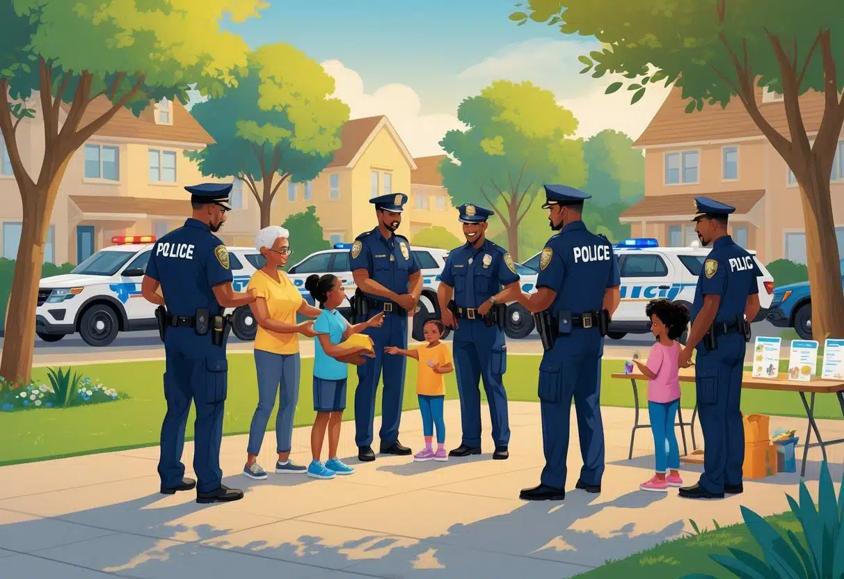 10 Police Officer Resume Examples & Guide for 2025: Proven Templates and Expert Tips 4 Police officers engaging positively with community members in a neighborhood park, promoting safety and outreach.