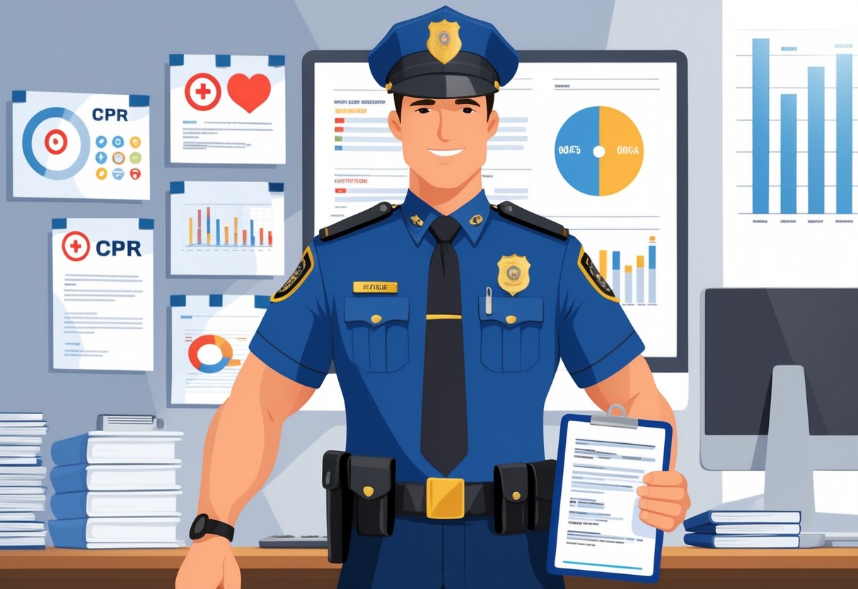 A police officer in uniform stands in an office holding a clipboard, surrounded by symbols representing CPR and firearms training certifications.