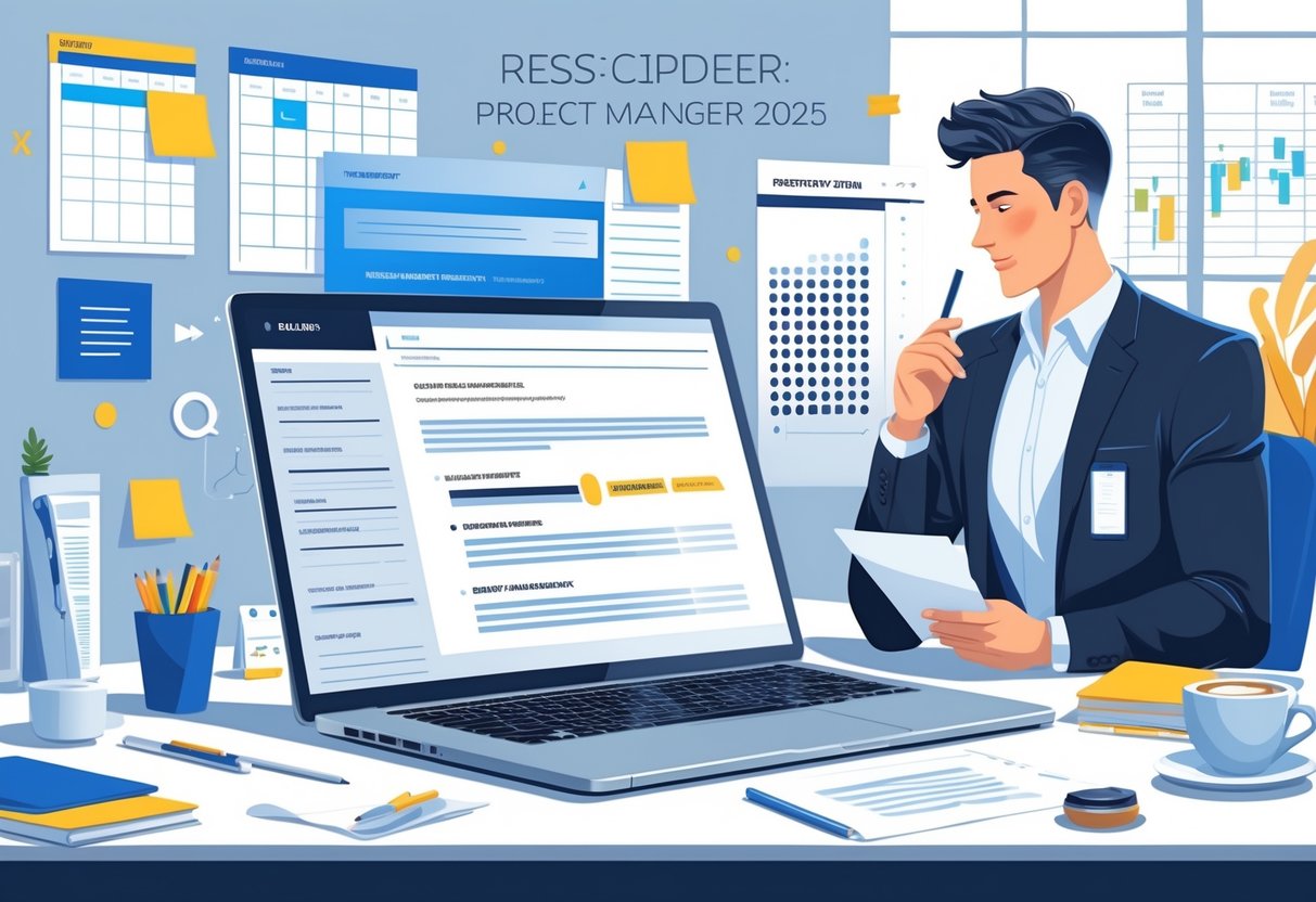 10 Project Manager Resume Objective and Summary for 2025: Examples to Help You Stand Out 2 A business professional reviewing documents at a modern desk with a laptop and project management tools, symbolizing career preparation.