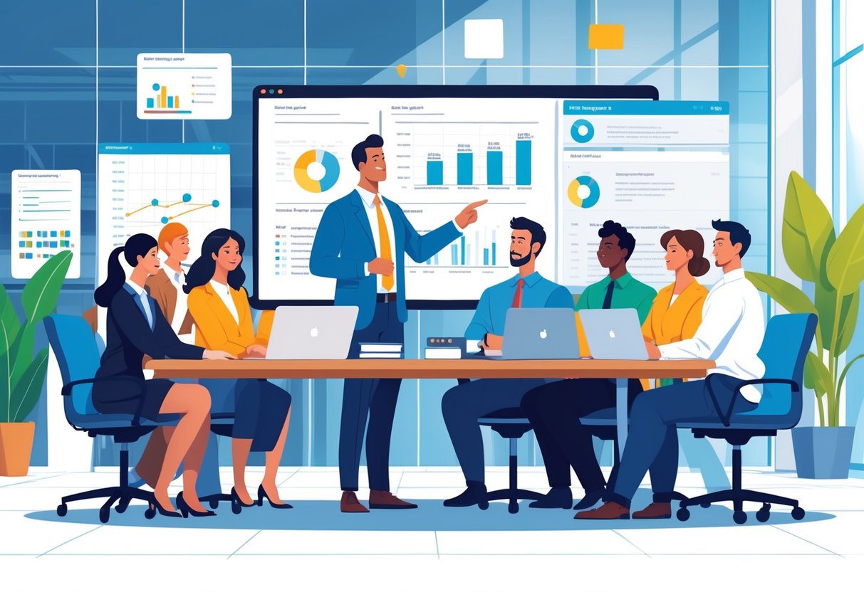 A project manager leads a diverse team collaborating around a table with laptops and charts in a modern office.
