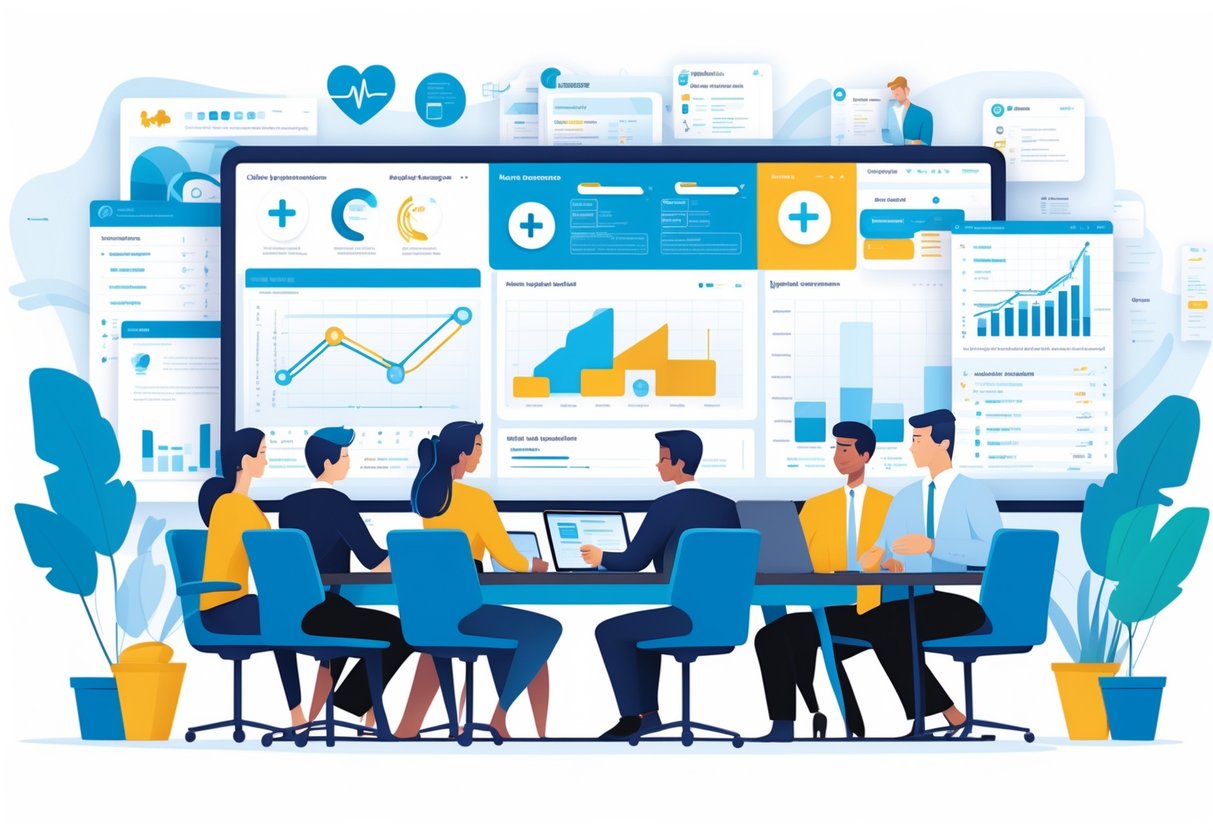 A group of project managers working together around a conference table with healthcare and finance industry elements in a modern office.